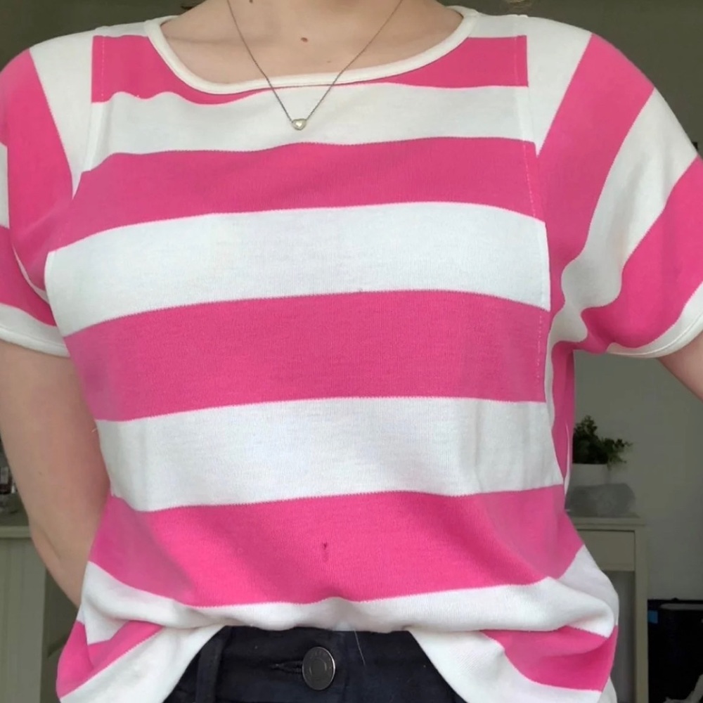 VINTAGE 80s pink white striped boxy top